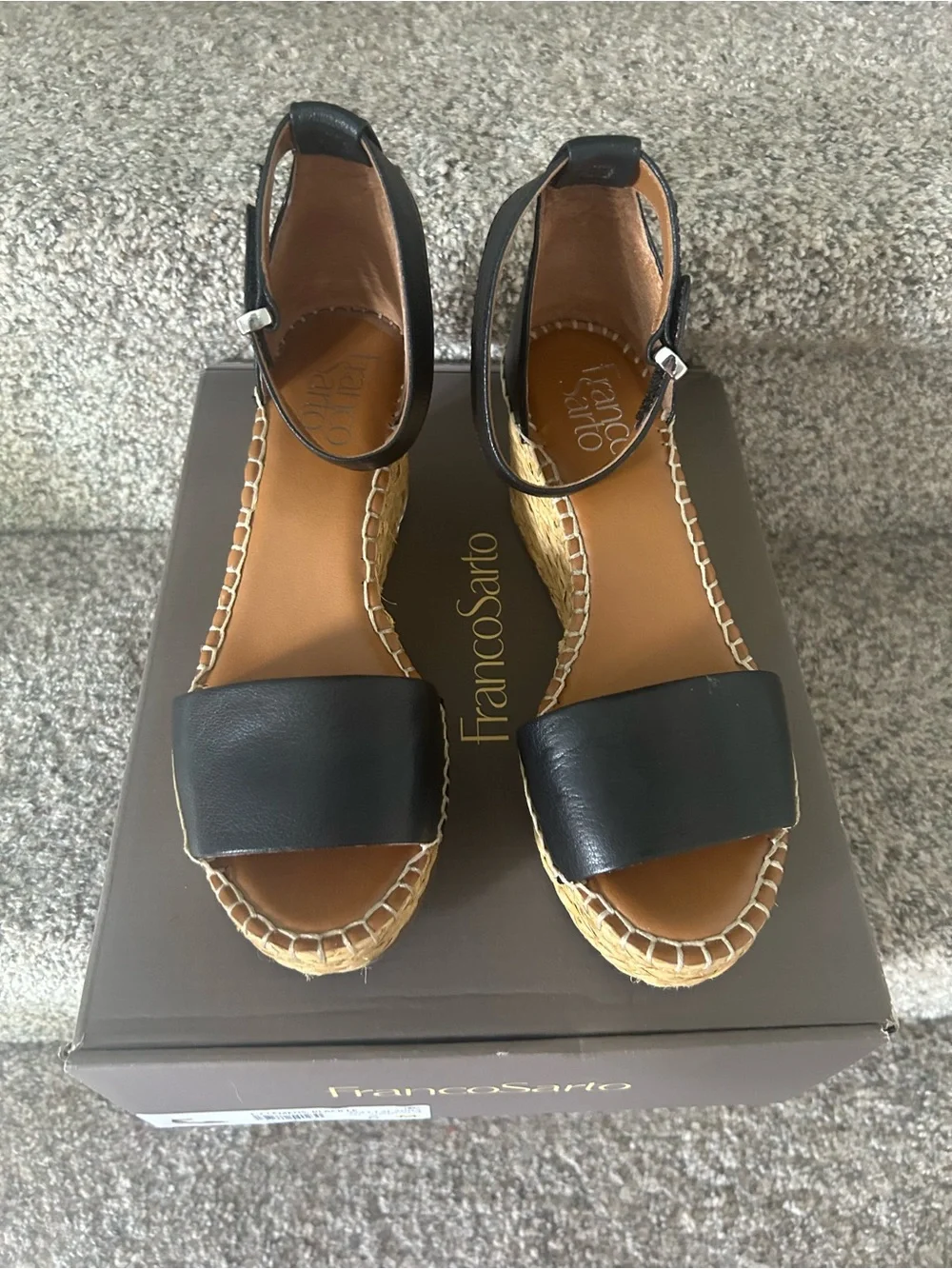 Franco Sarto Black Leather Espadrille Wedge Sandals with Ankle Strap